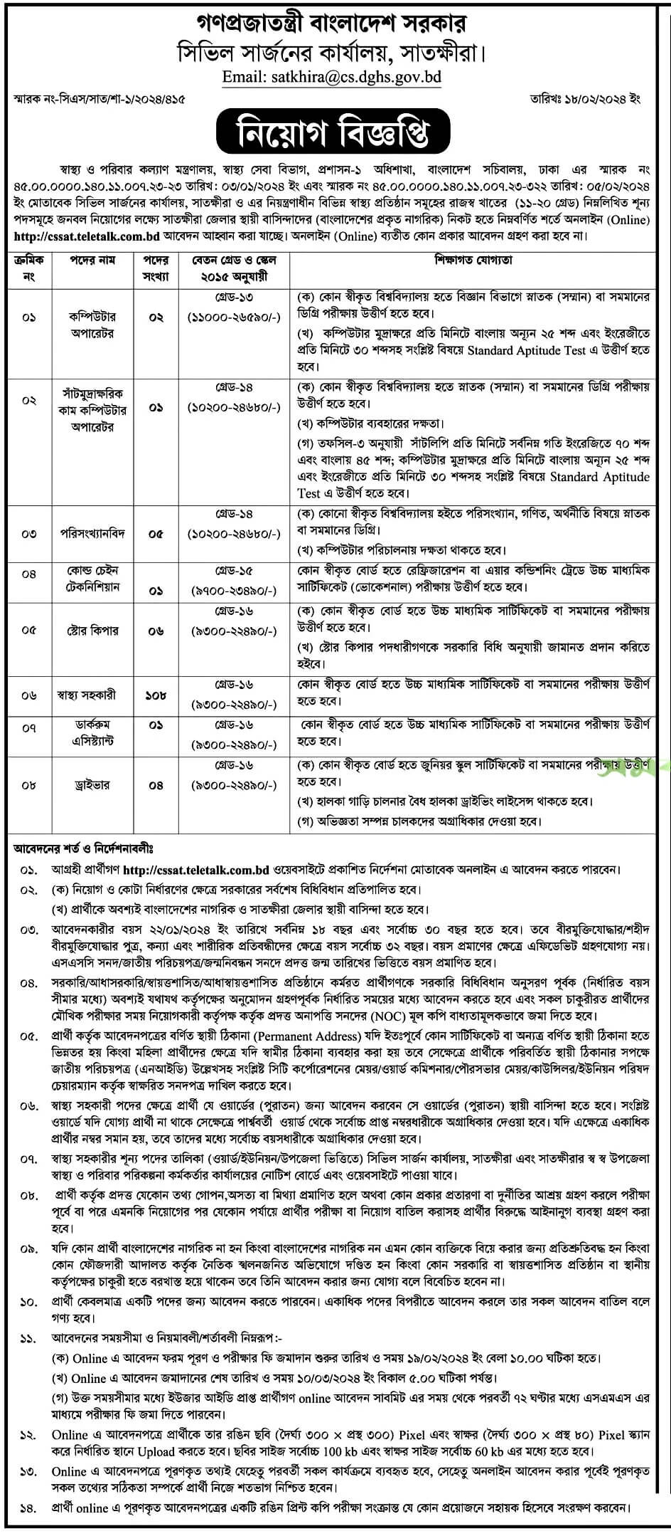 সাতক্ষীরা সিভিল সার্জন কার্যালয়ের অফিসিয়াল নোটিশ