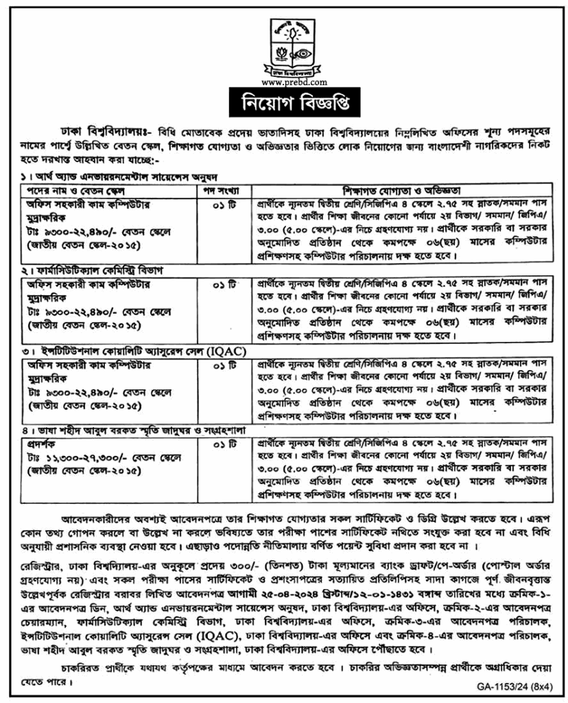 ঢাকা বিশ্ববিদ্যালয় নিয়োগ বিজ্ঞপ্তি ২০২৪ এর অফিশিয়াল নোটিশ:-1