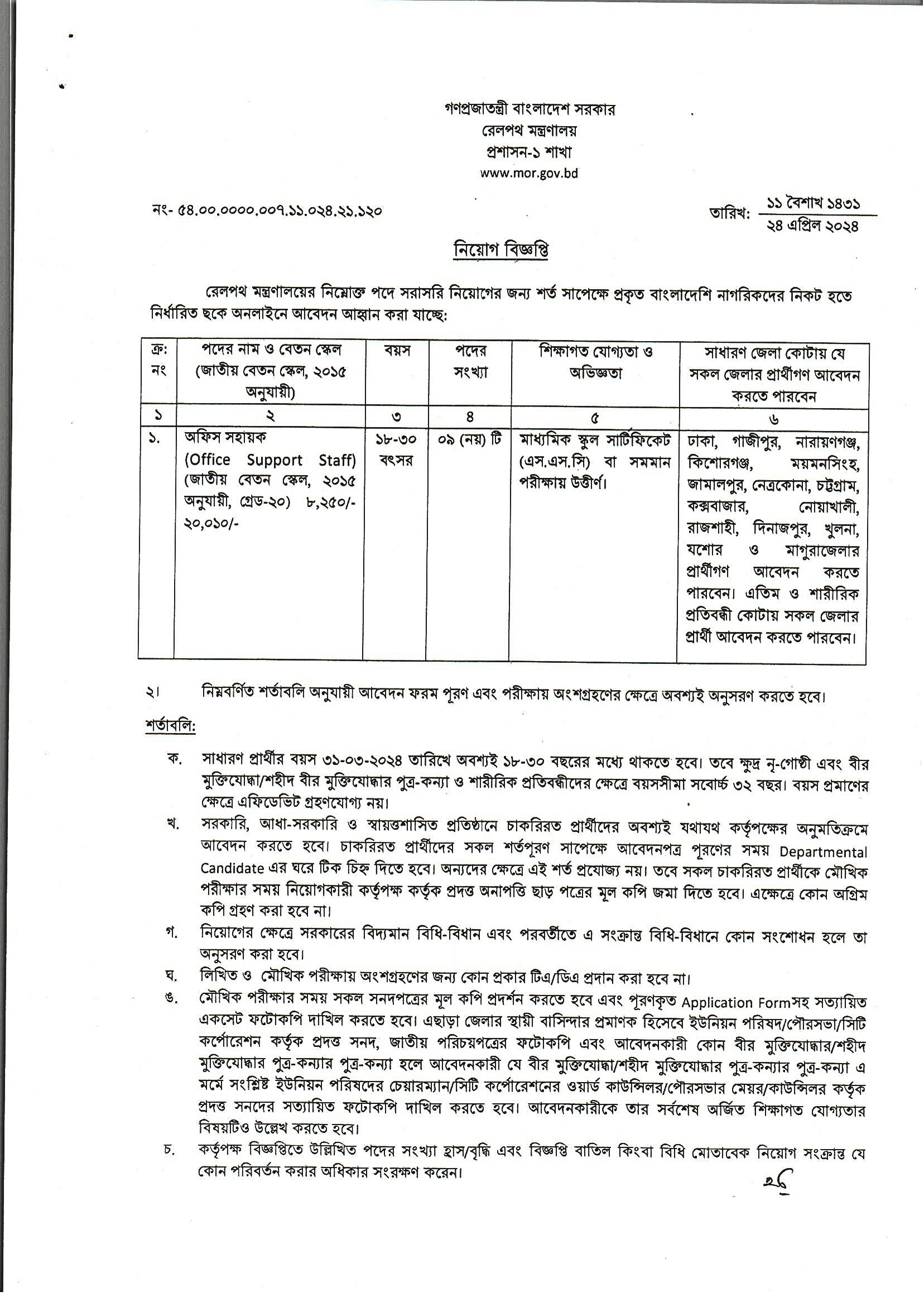 রেলপথ মন্ত্রণালয় নিয়োগ বিজ্ঞপ্তি ২০২৪ এর অফিসিয়াল নোটিশ এর ছবি-1