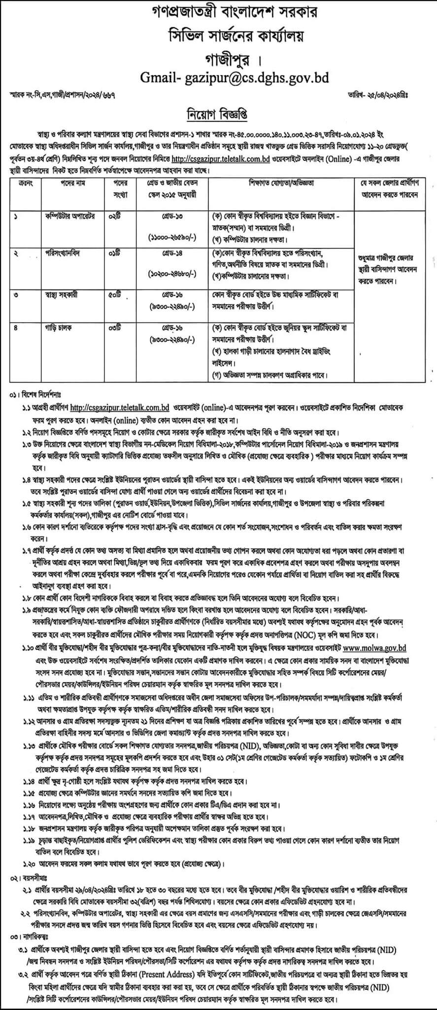 গাজীপুর সিভিল সার্জন কার্যালয়ের  নিয়োগ বিজ্ঞপ্তি  ২০২৪ এর অফিসিয়াল  নোটিশ-1