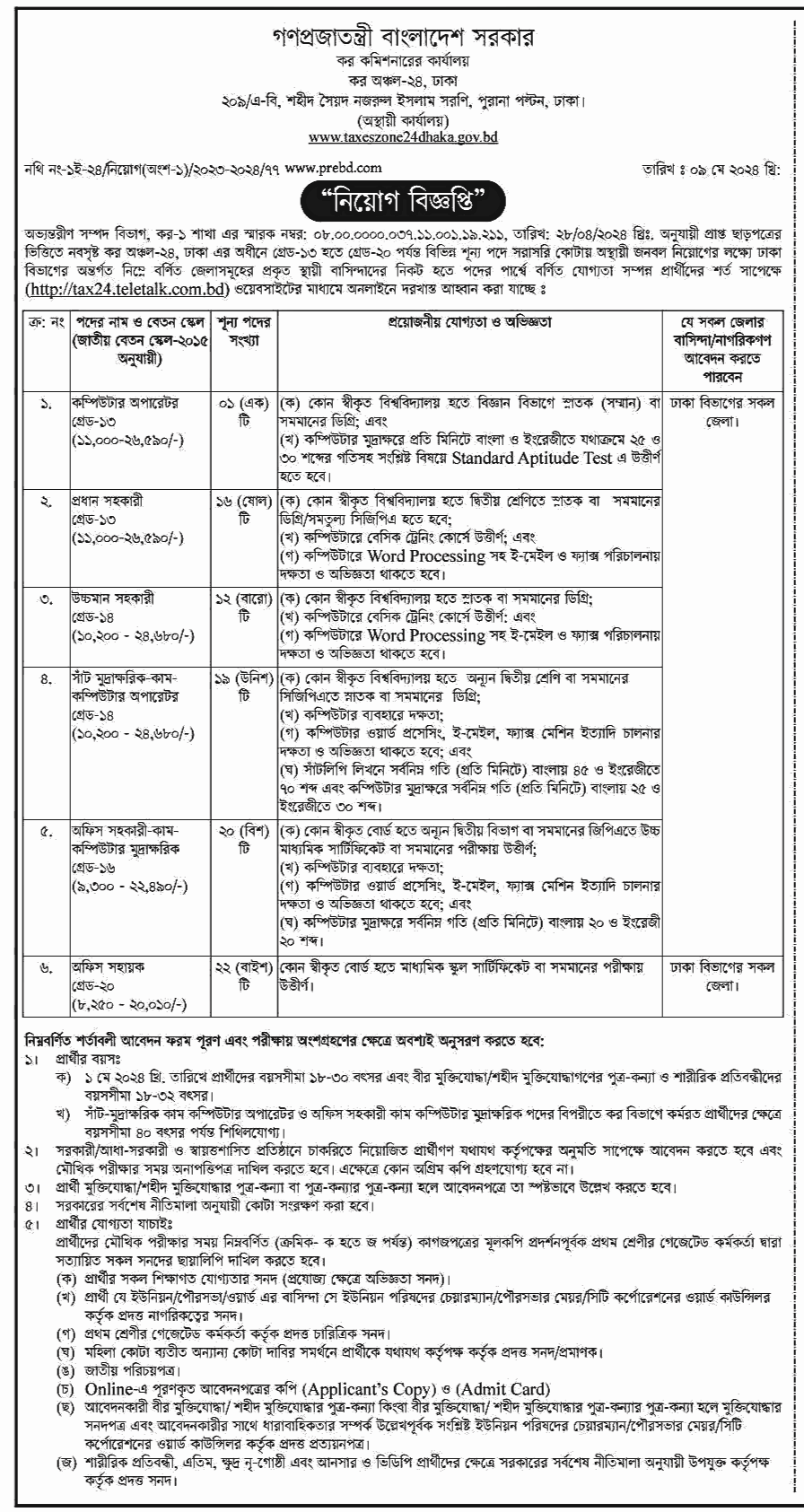 কর কমিশনারের কার্যালয় কর অঞ্চল-২৪  নিয়োগ বিজ্ঞপ্তি ২০২৪ এর অফিসিয়াল নোটিশ-1